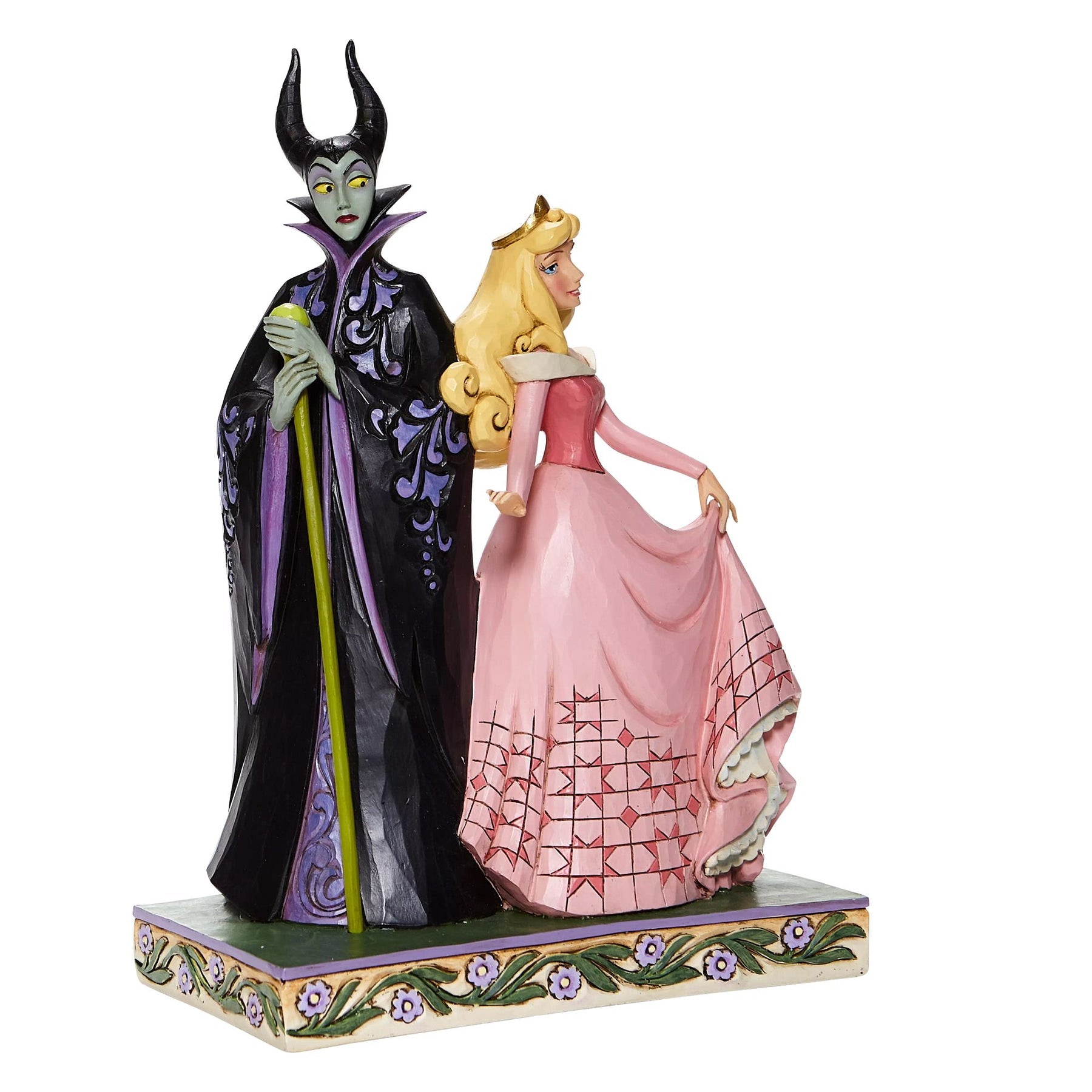 Aurora and Maleficent figurine, side three-quarter view showing Maleficent's full cloak detail and Aurora's flowing pink gown