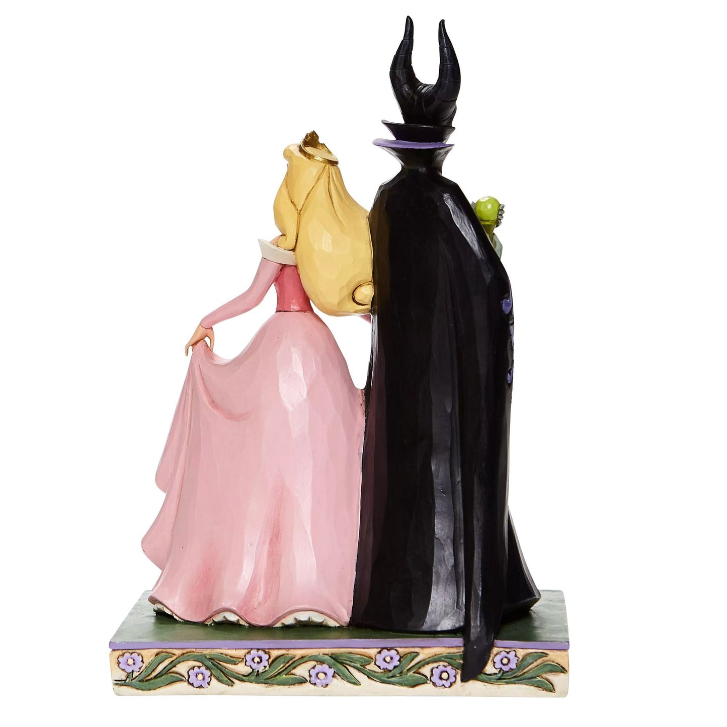 Aurora and Maleficent figurine, rear view, Aurora in pink gown beside Maleficent in black cloak, on floral painted base