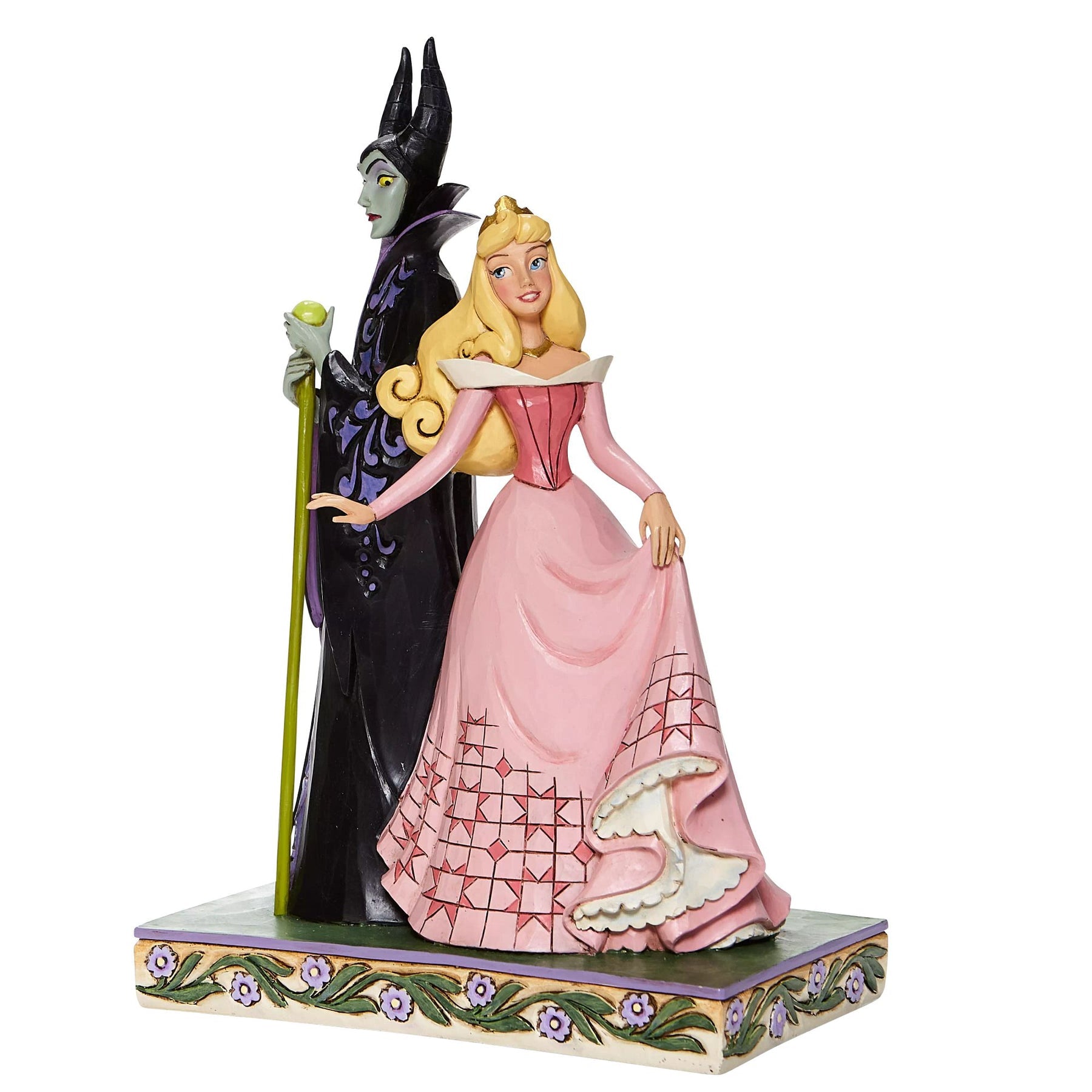 Aurora and Maleficent figurine front view, Aurora in pink gown beside Maleficent holding green orb and staff, floral base