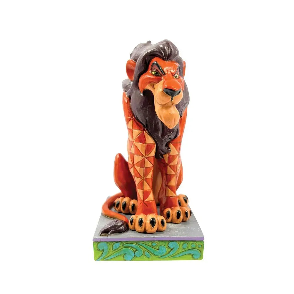 Scar figurine from The Lion King, seated with menacing expression, dark mane, geometric body detail, green scrollwork base