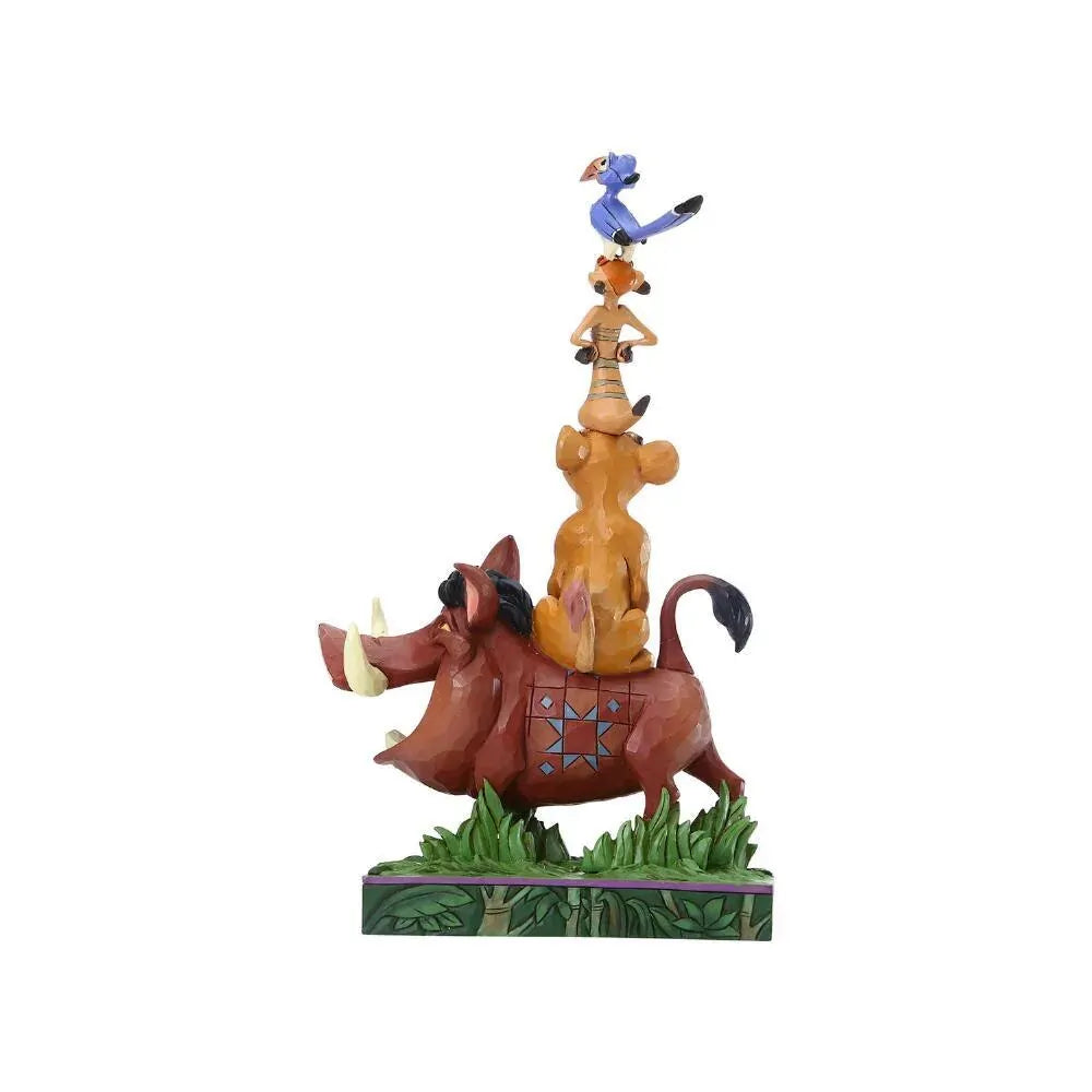 Lion King stacked figurine rear view showing Pumbaa, Simba, Timon and Zazu tower with diamond body detail and jungle leaf base