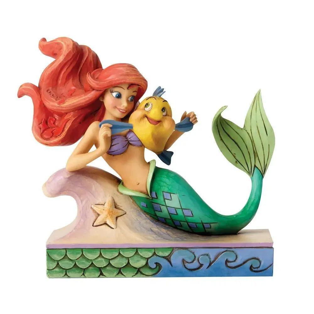 Ariel and Flounder from The Little Mermaid figurine on a wave base with starfish, green scale and wave painted plinth 