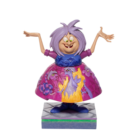 Madam Mim figurine with arms raised, purple hair, and wide skirt painted with cats and flames, on grey tiled base