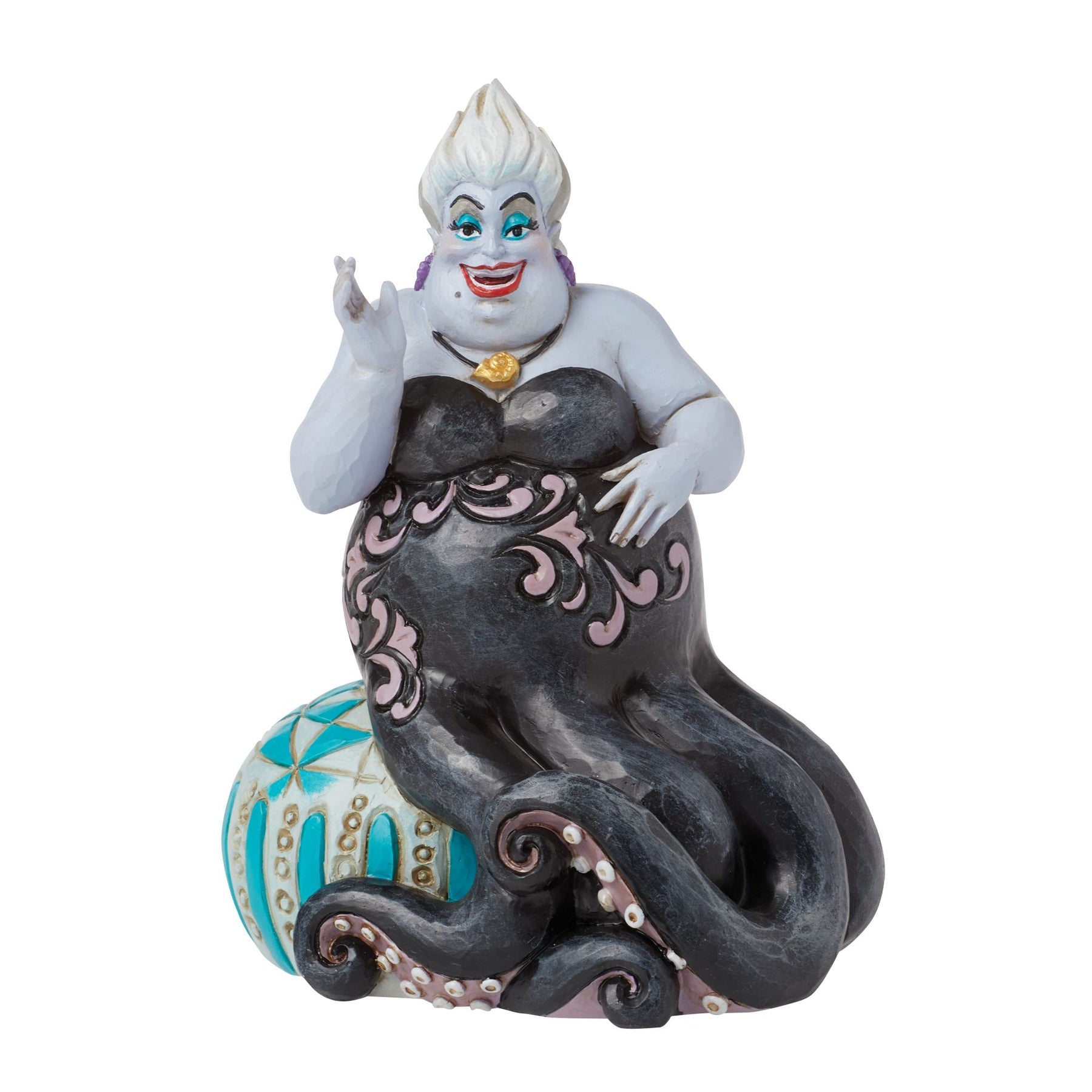 Ursula figurine from The Little Mermaid, black tentacles with pink scrollwork, gold necklace, teal painted base 