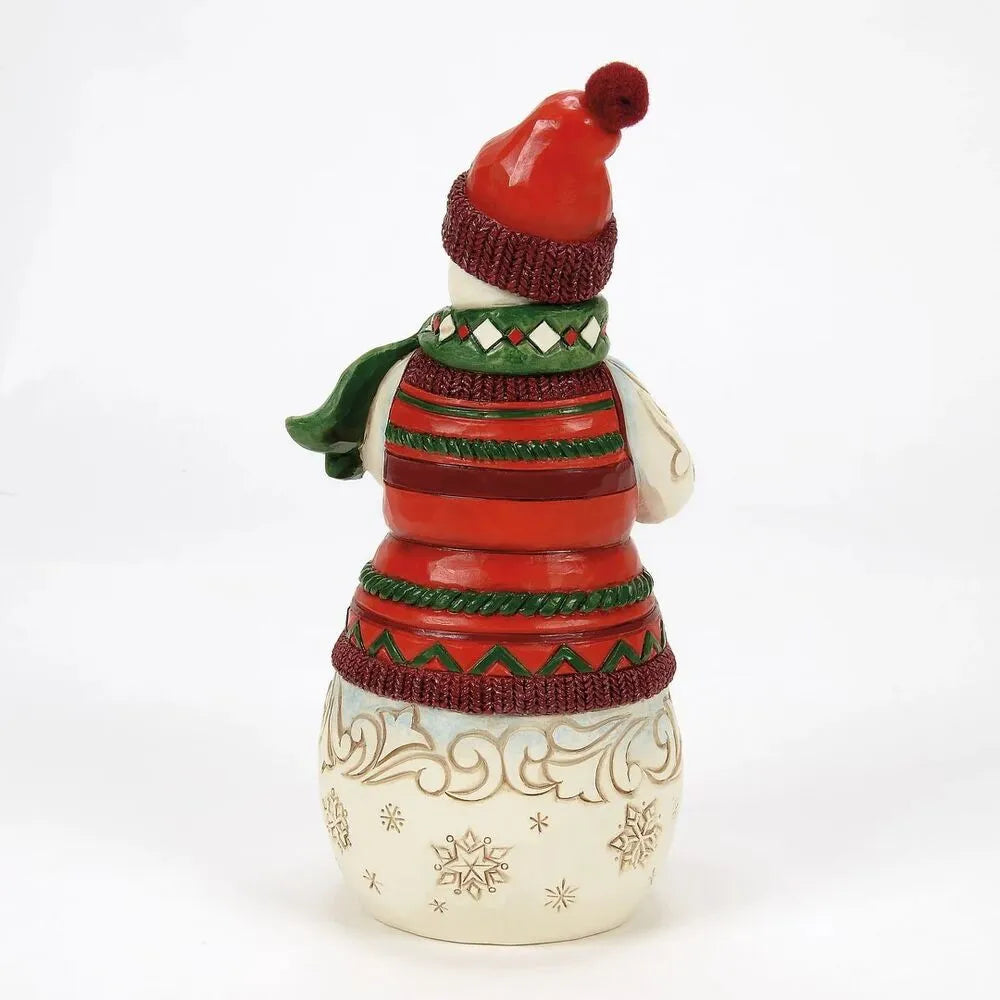 Rear view of a Jim Shore snowman figurine in a red bobble hat and striped sweater, with a snowflake and scrollwork lower body