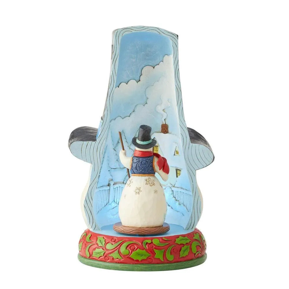 Front view of a snowman top hat figurine; interior shows a snowman with broom holding a top hat before a winter village scene