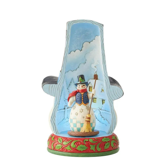 Front view of a snowman top hat figurine; interior scene features a snowman with broom and red scarf before a snowy village