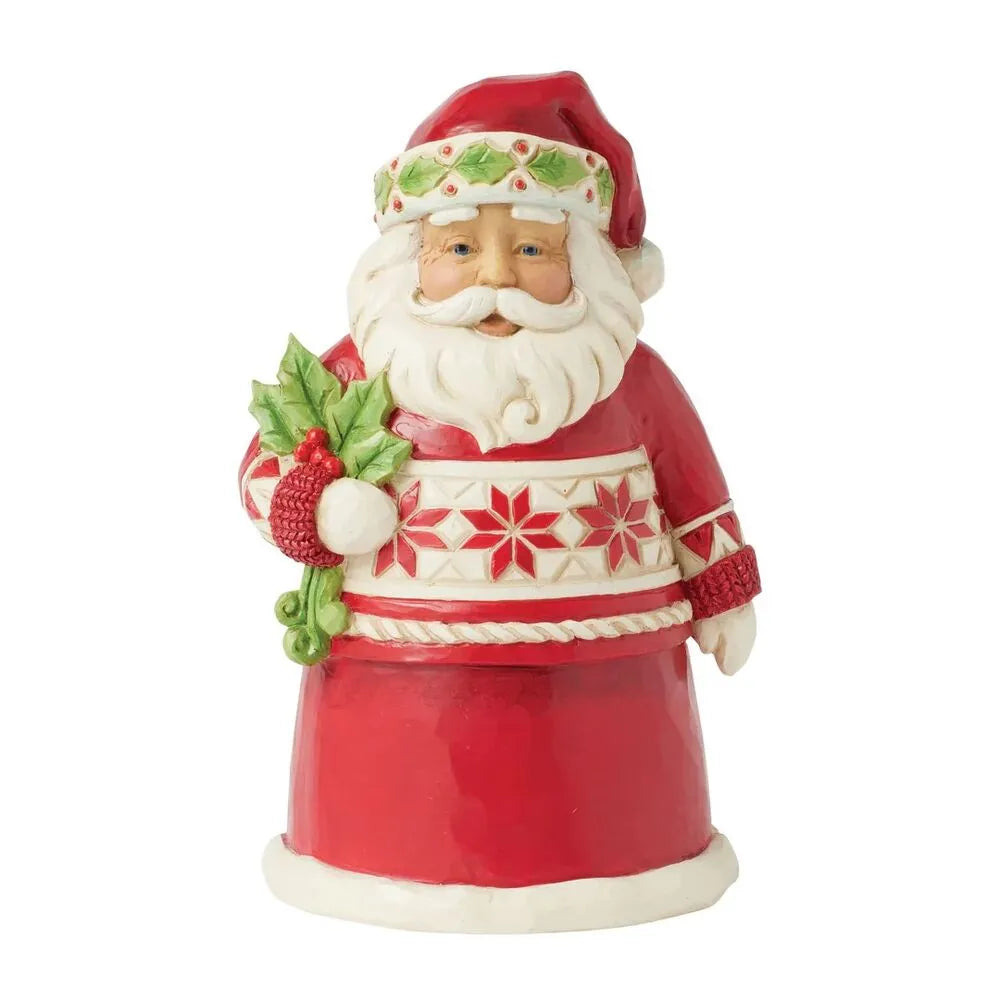 Santa figurine holding holly sprigs, red coat with snowflake-pattern band, holly-trimmed hat, white beard, bell-shaped base