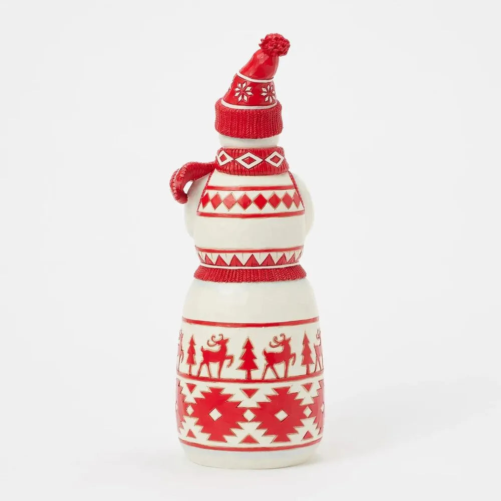 Nordic-style snowman figurine rear view, red and white Fair Isle patterns with reindeer, trees, and geometric bands, red pom-pom hat