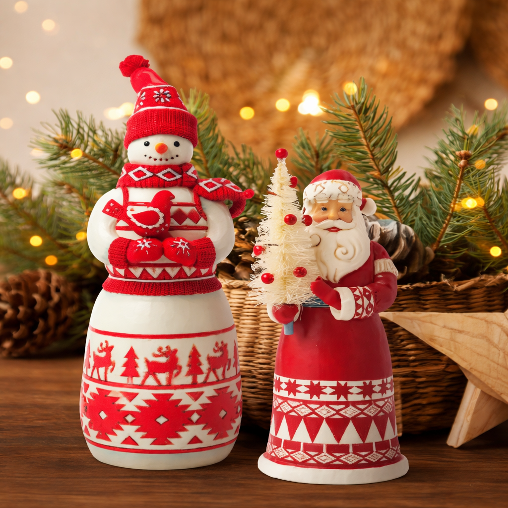 Nordic snowman and Santa figurines styled on a festive table with pine branches, basket, and warm bokeh lighting in the background