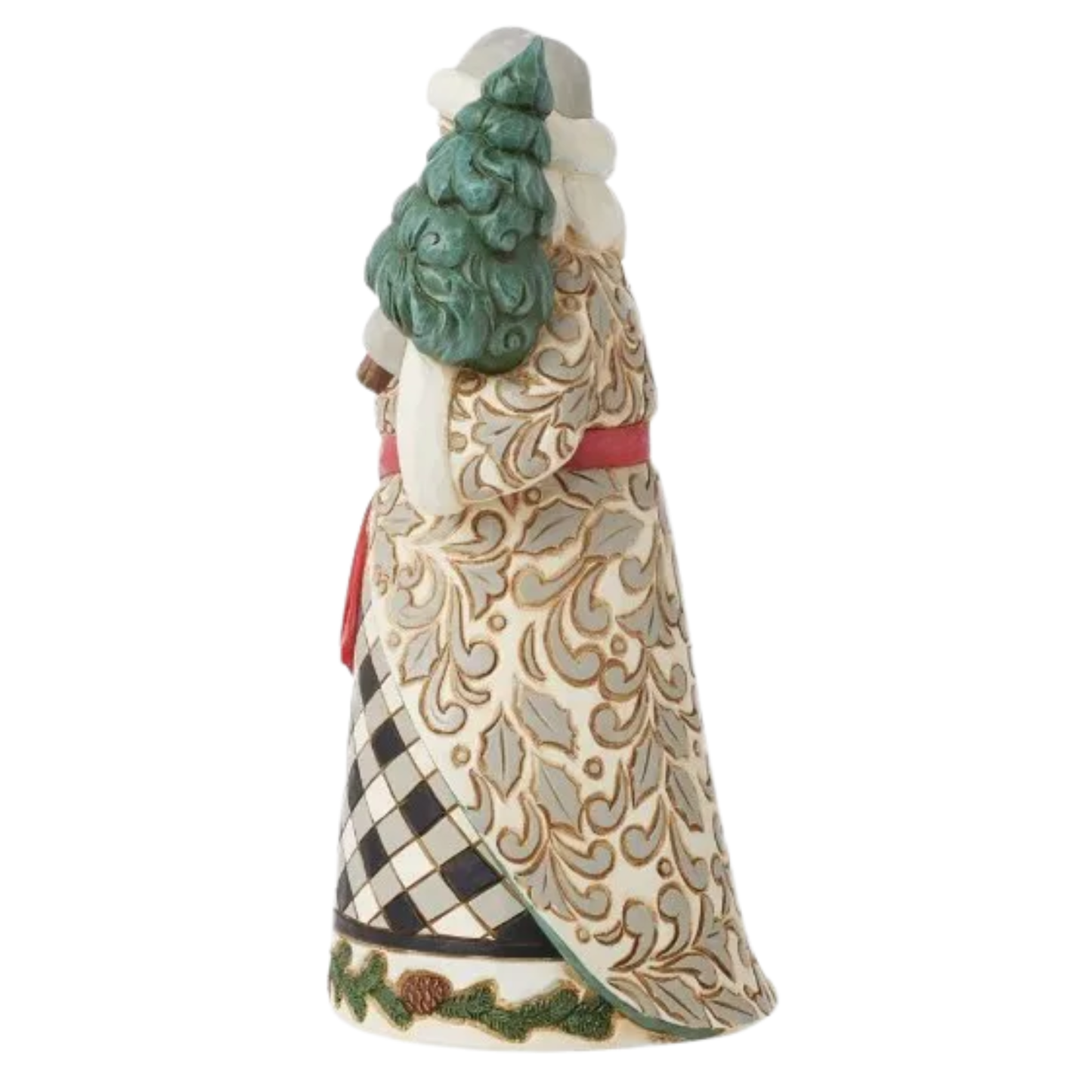 Side view of a Jim Shore Santa figurine in a black and white checked robe with gold scrollwork and a green tree. 