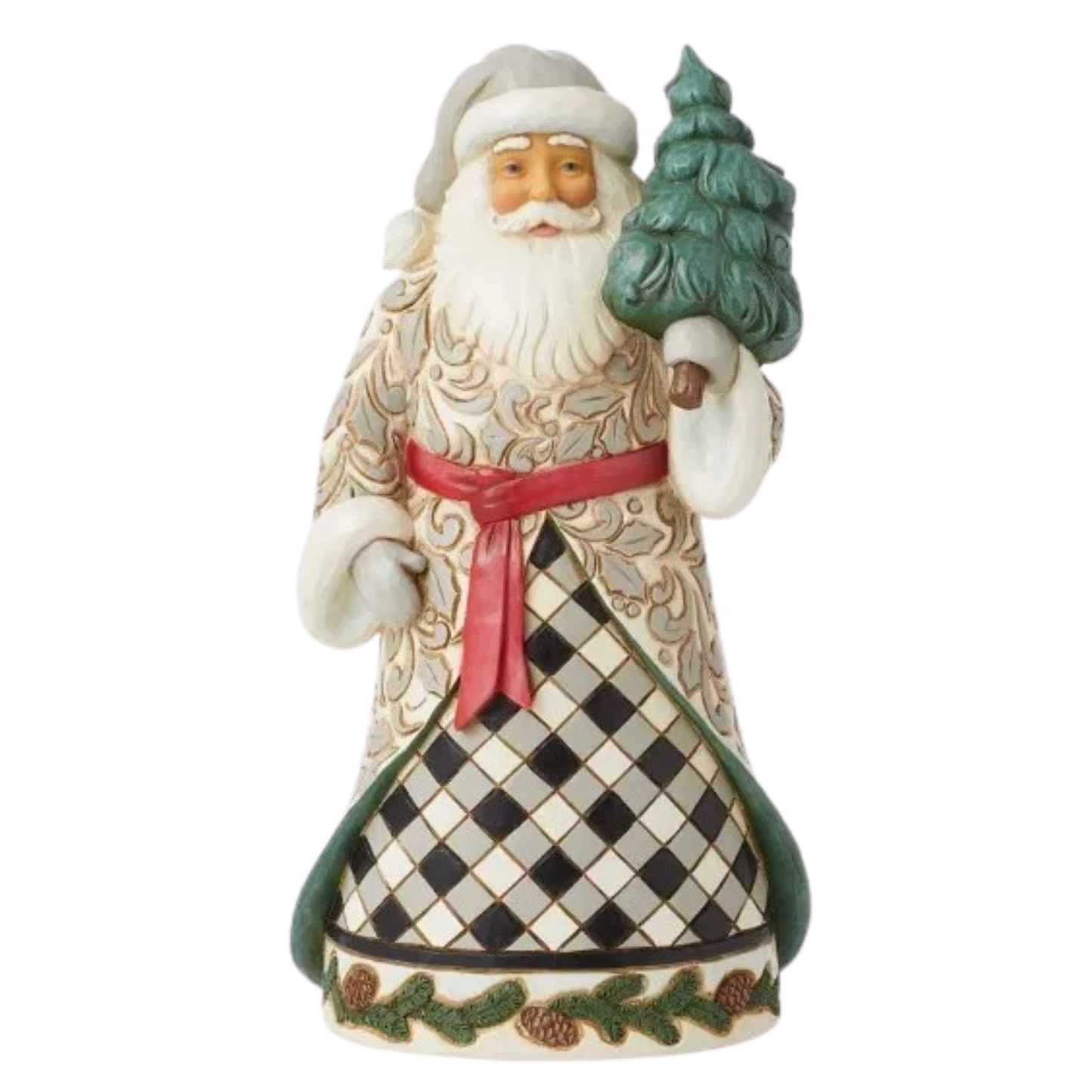 Angled front view of a Jim Shore Santa figurine holding a green tree, wearing a scrollwork robe over a black and white checked skirt.