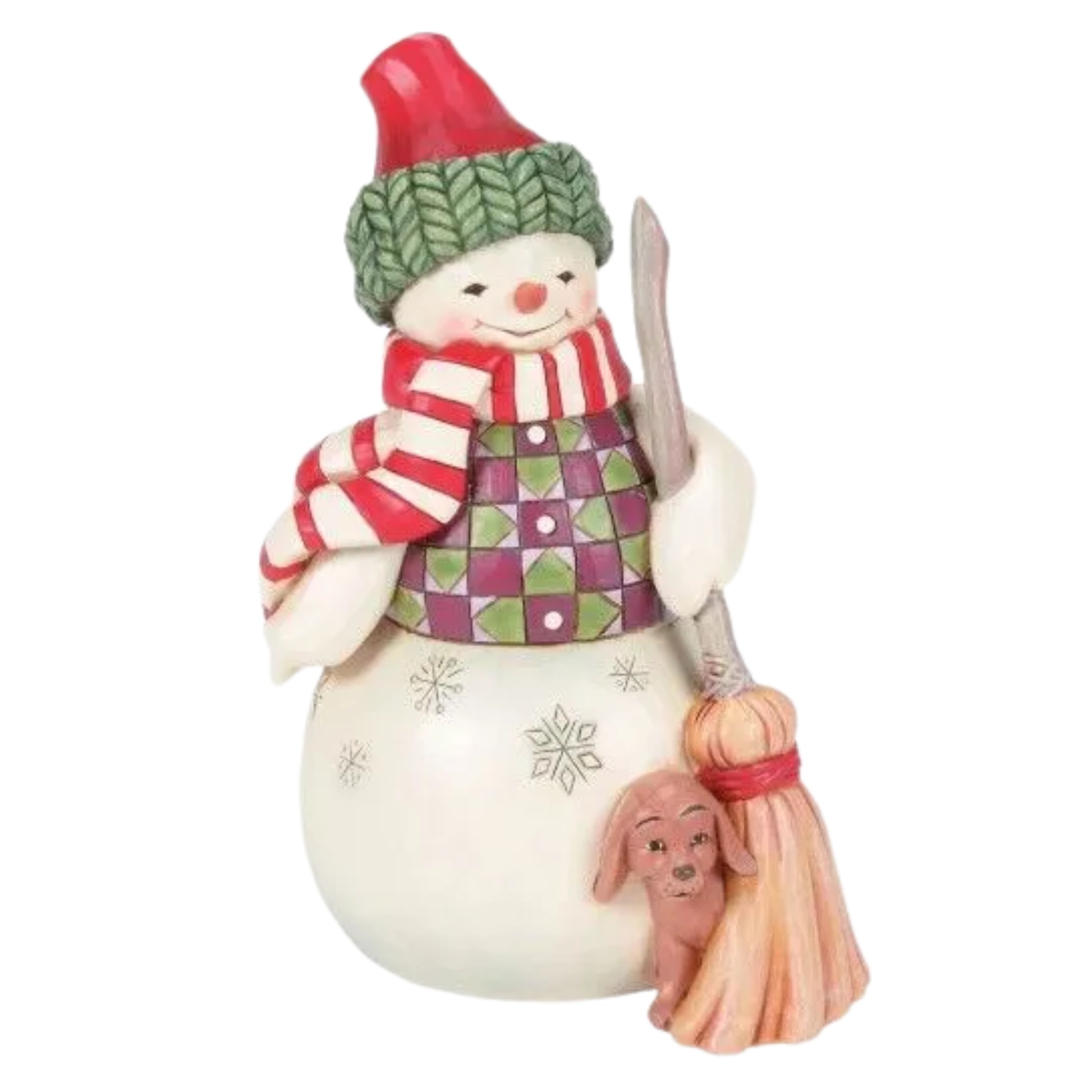 Front view of a Jim Shore snowman figurine in a red hat, striped scarf, and diamond vest, with a small dog tucked beside a broom
