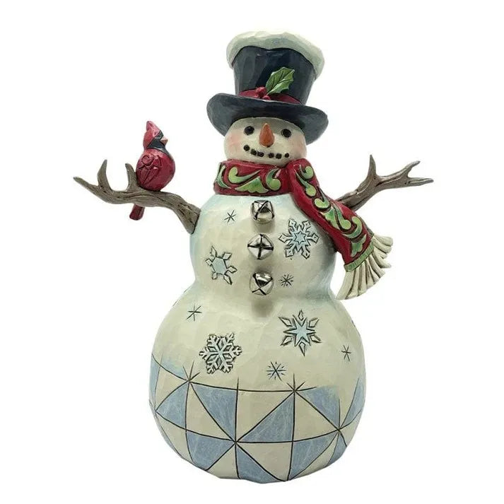 Snowman figurine with black top hat, red cardinal on branch arm, red scarf, jingle bell buttons, and embossed snowflake detailing
