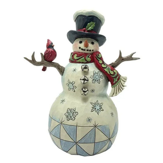 Snowman figurine with black top hat, red cardinal on branch arm, red scarf, jingle bell buttons, and embossed snowflake detailing