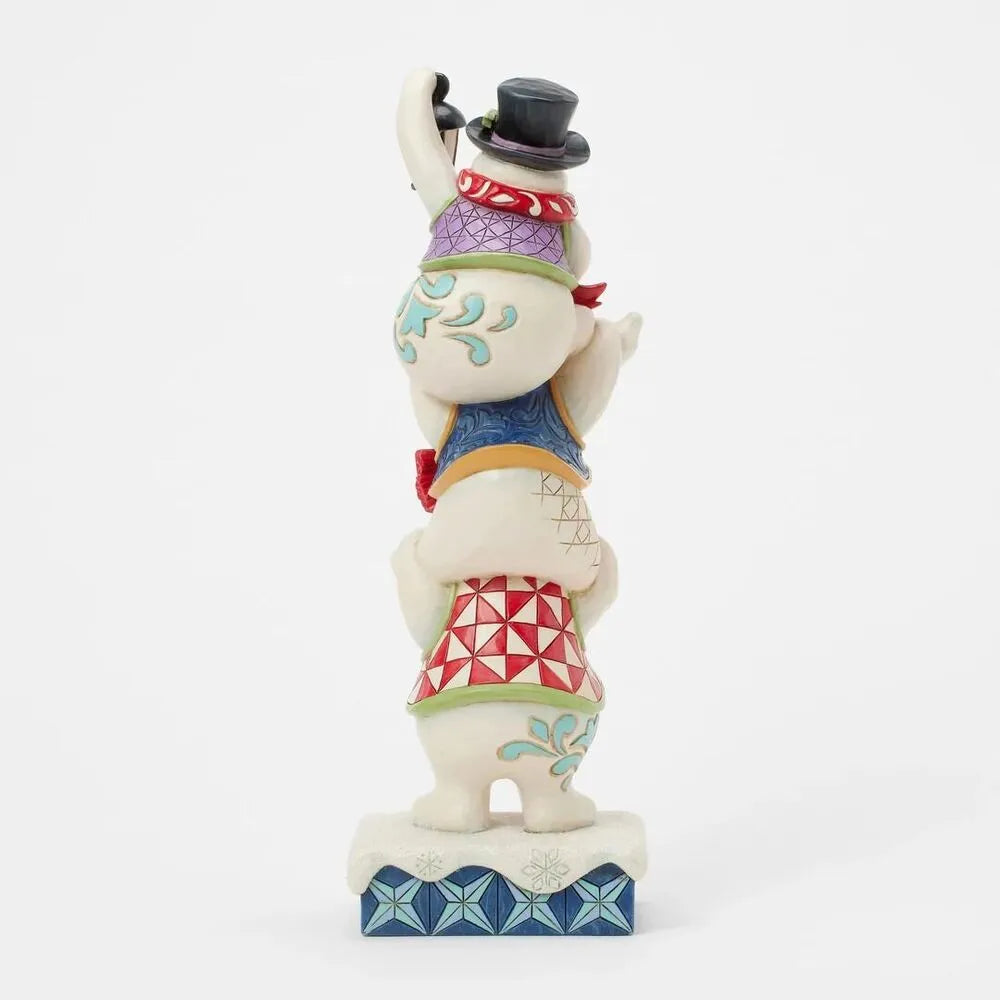 Rear view of a Jim Shore stacked snowman figurine showing three snowmen with patterned vests and scrollwork detail on a snowflake base