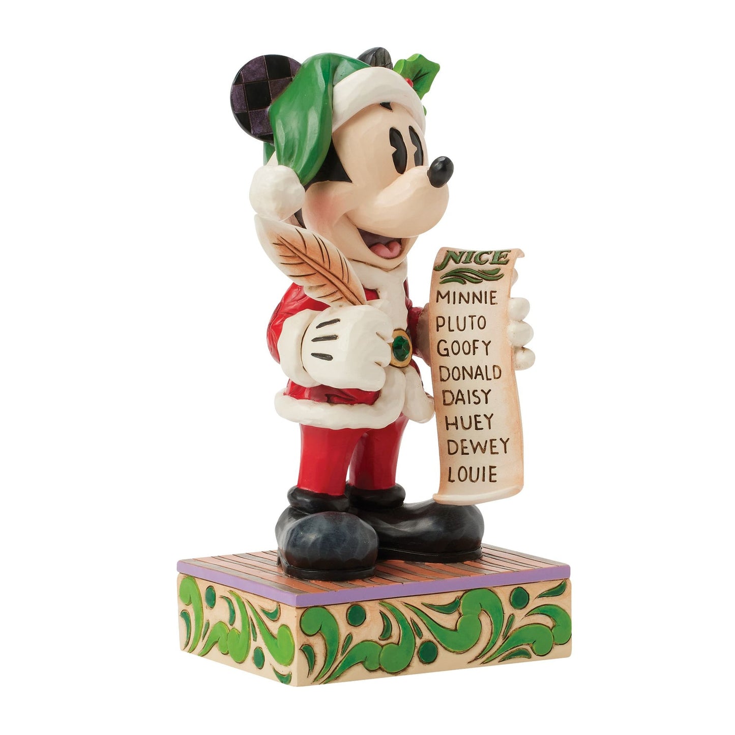 Jim Shore Mickey Mouse figurine in Santa suit holding a Nice list with a quill pen
