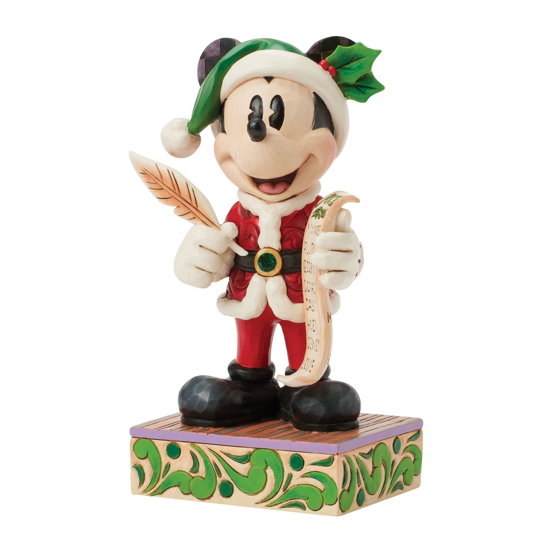 Front close-up of Jim Shore Mickey Mouse figurine in Santa suit holding a scroll and feather quill
