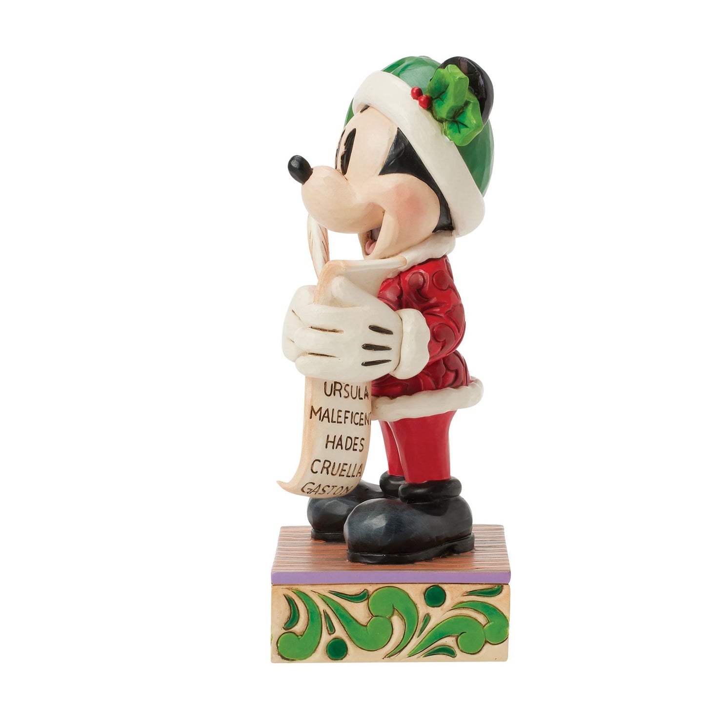Jim Shore Mickey Mouse figurine holding a Naughty list featuring Disney villain names
