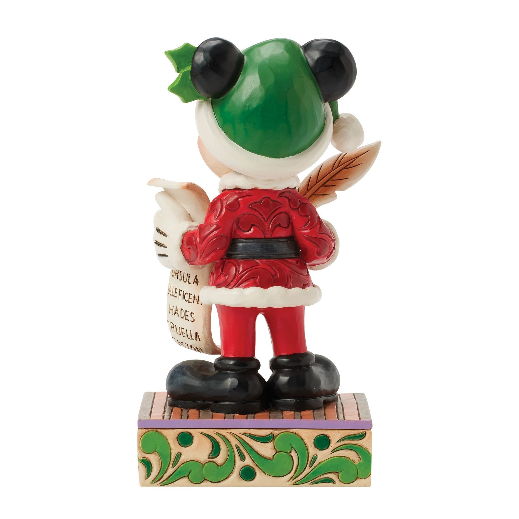 Rear view of Jim Shore Mickey Mouse figurine showing green Santa hat and Naughty list detail
