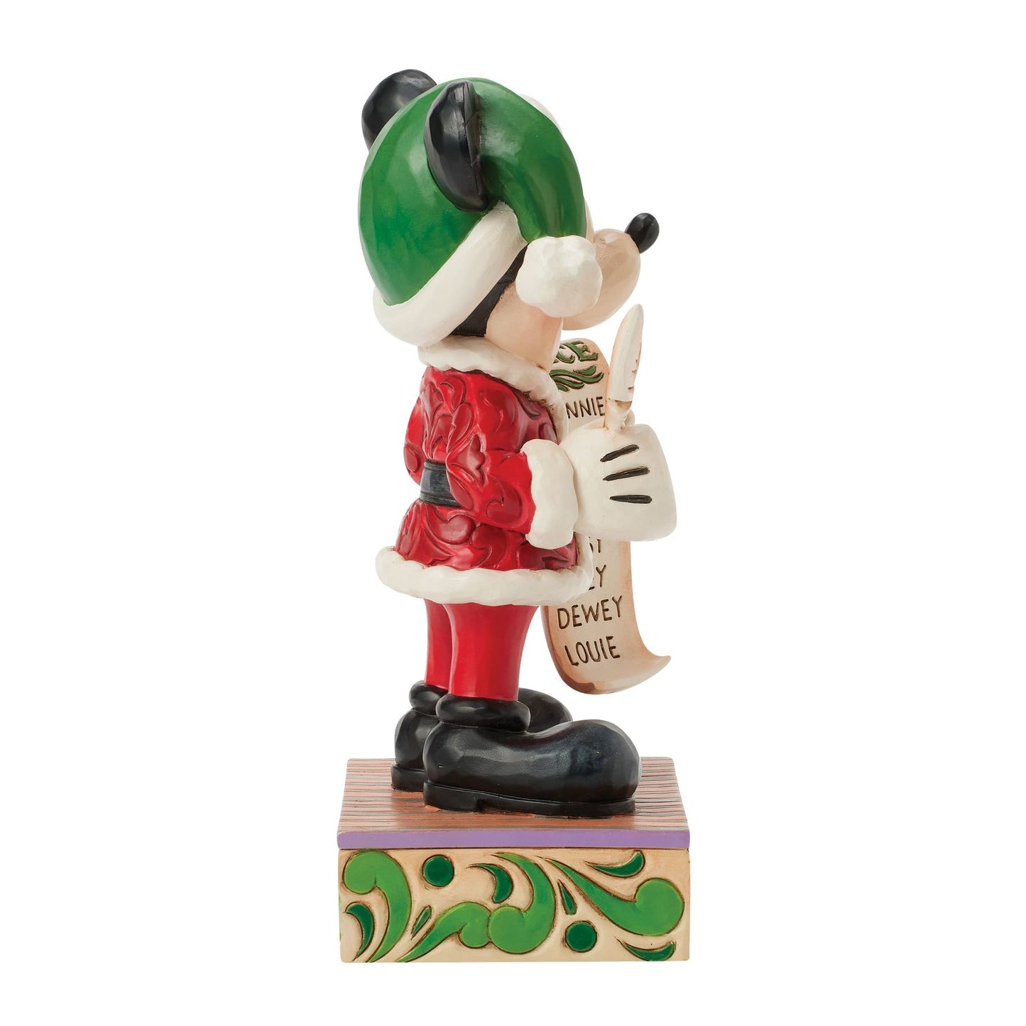 Side view of Jim Shore Mickey Mouse figurine holding a Nice list with Disney character names
