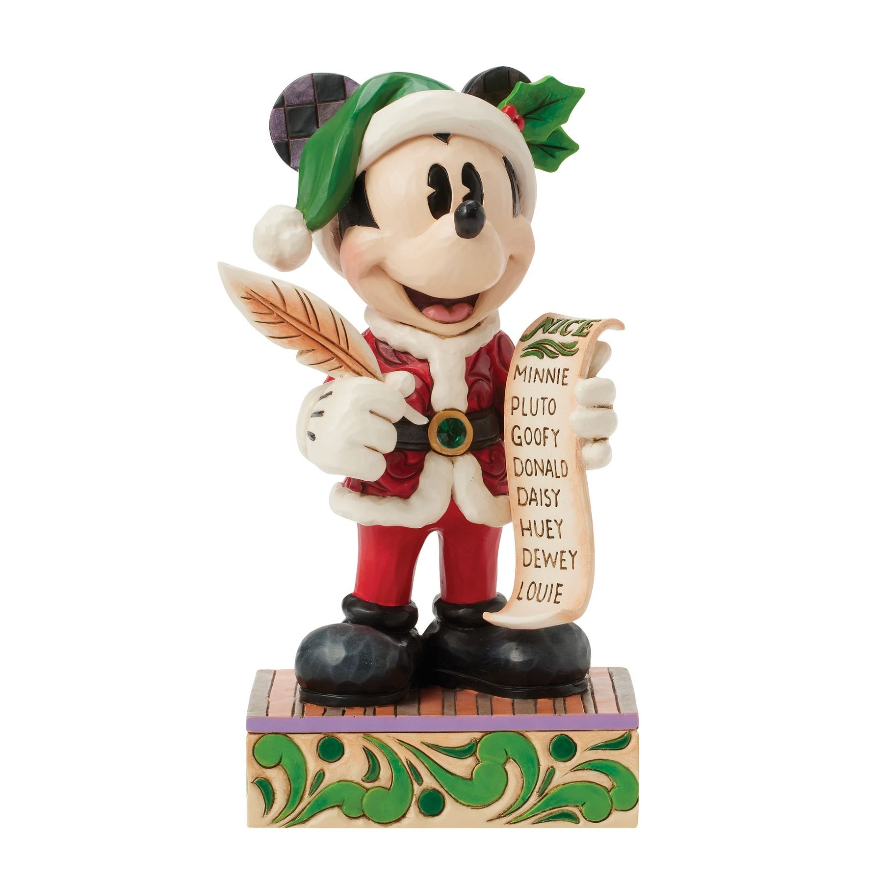 Front view of Jim Shore Mickey Mouse Santa figurine holding a Nice list with Disney character names
