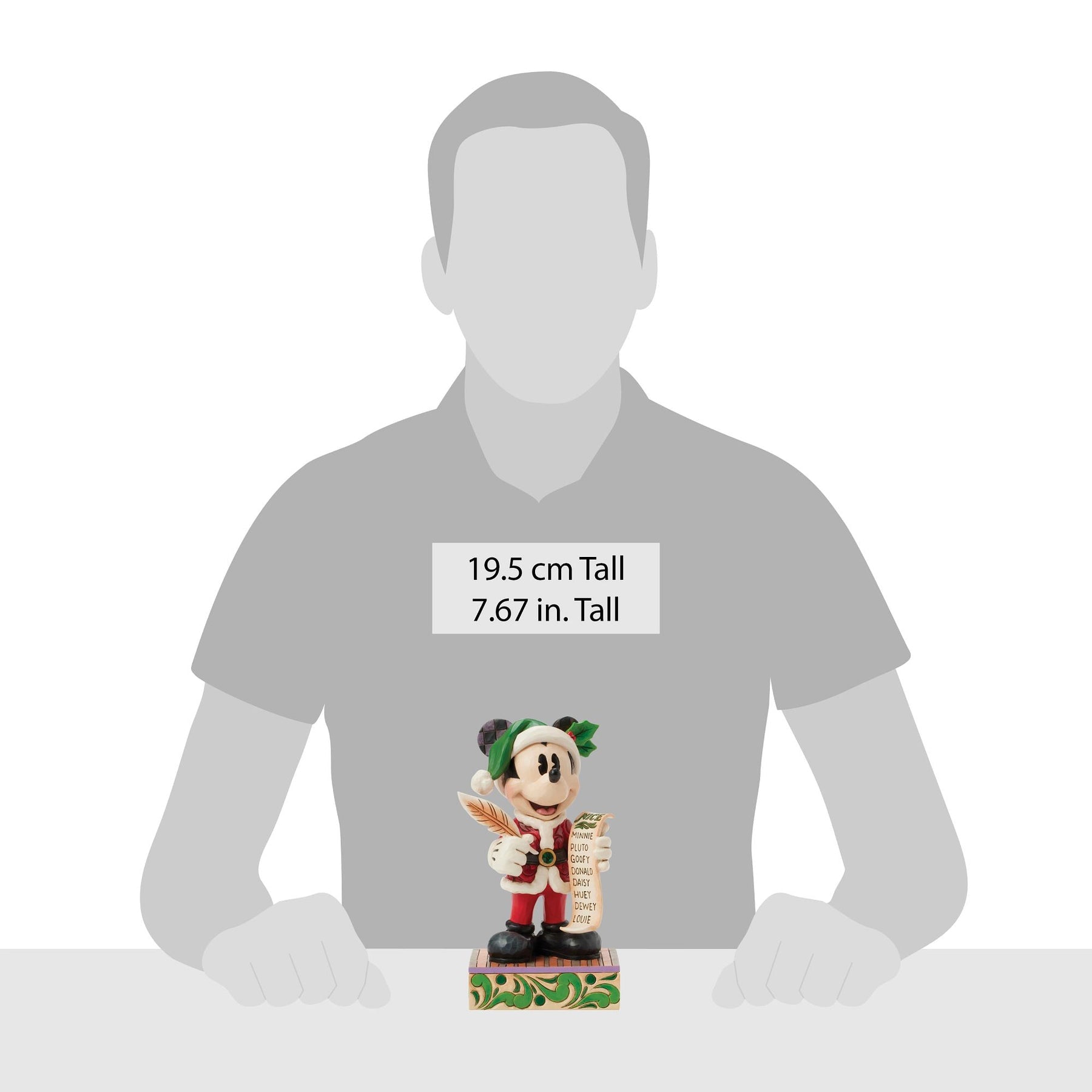 Scale illustration showing Jim Shore Mickey Mouse figurine height against an adult silhouette
