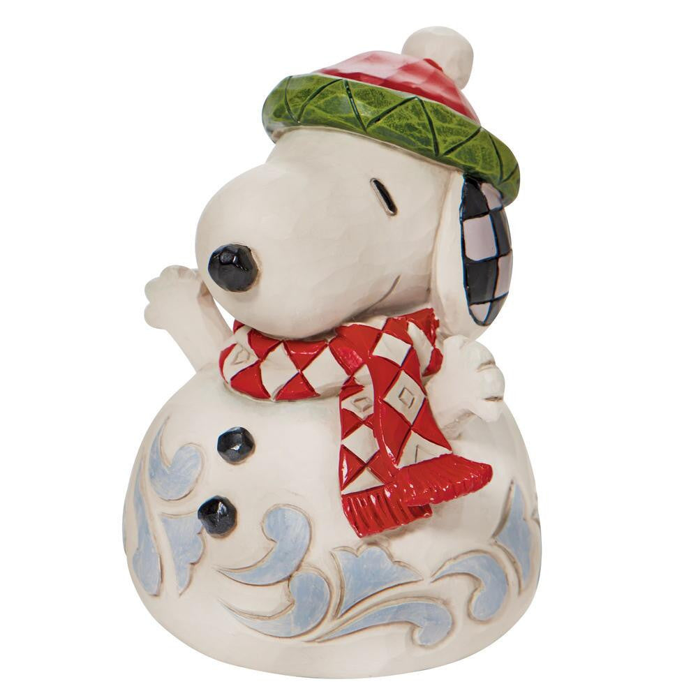Jim Shore Peanuts Snoopy snowman figurine wearing a red and green hat and striped scarf

