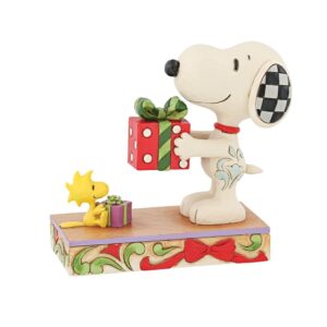 Side view of Jim Shore Snoopy and Woodstock figurine with wrapped presents and holly detailing
