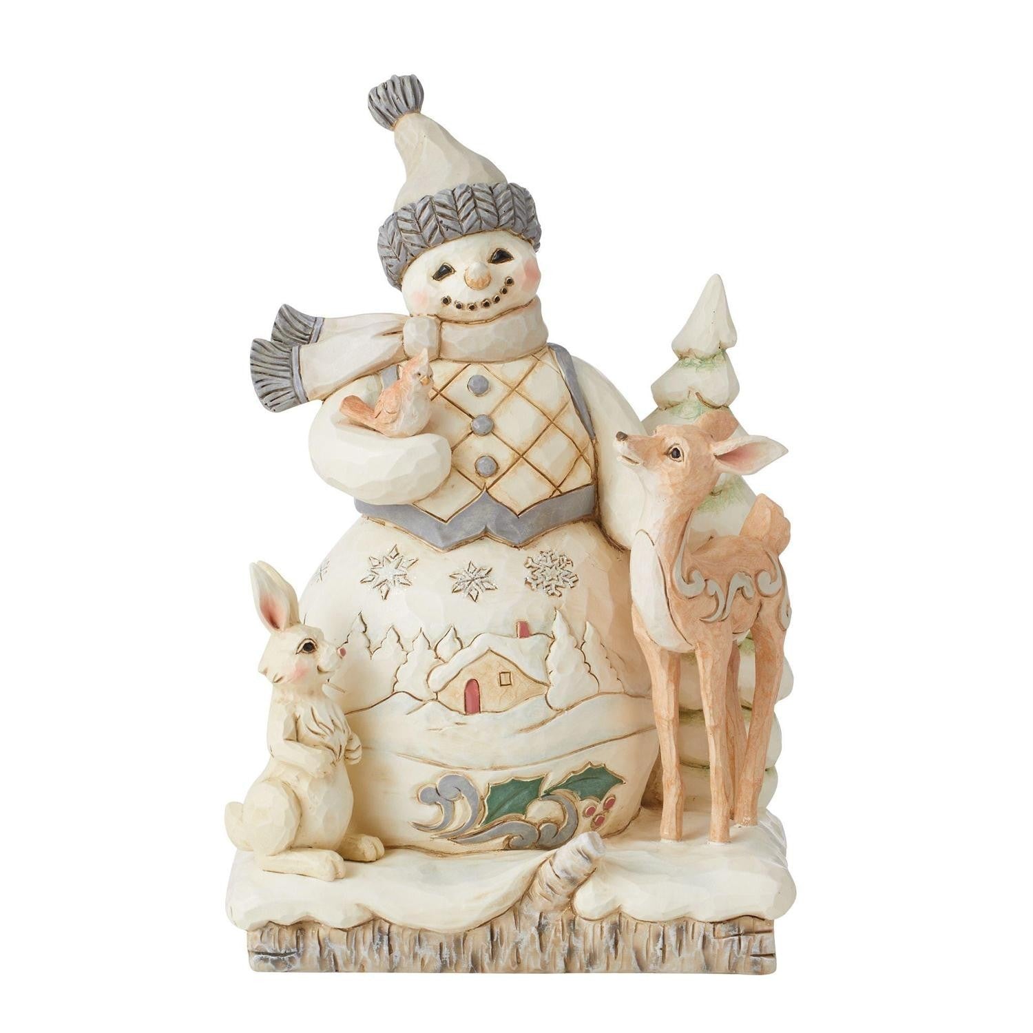 Jim Shore snowman figurine with painted winter scene, surrounded by a rabbit, deer and bird
