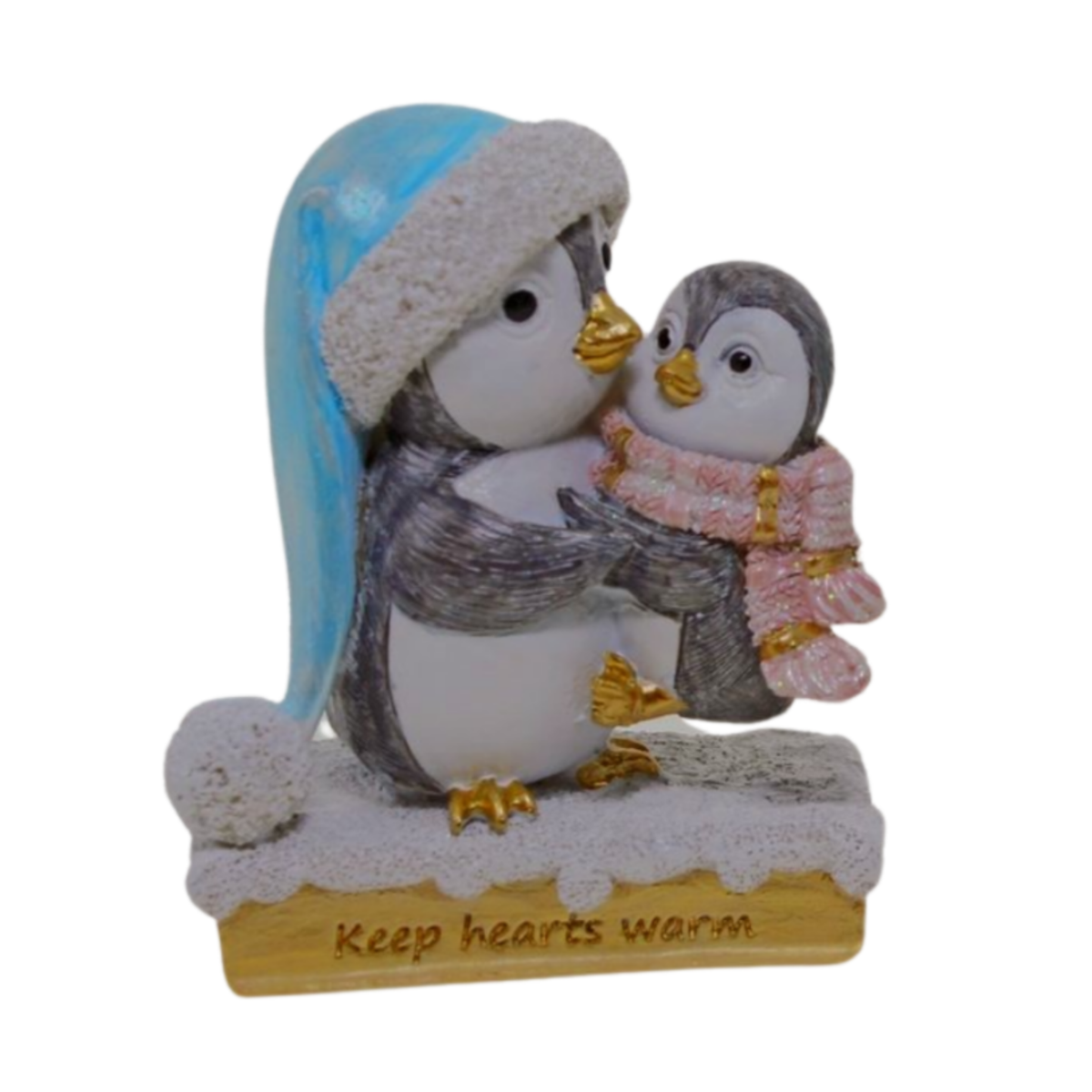 Two penguin figurines embracing on a snowy base, one wearing a blue nightcap, inscribed "Keep hearts warm"