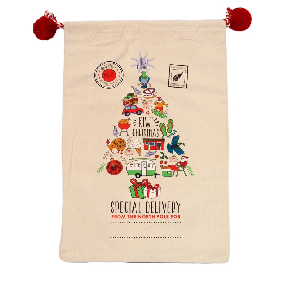 Kiwi Christmas santa sack with North Pole special delivery design and red pom pom ties
