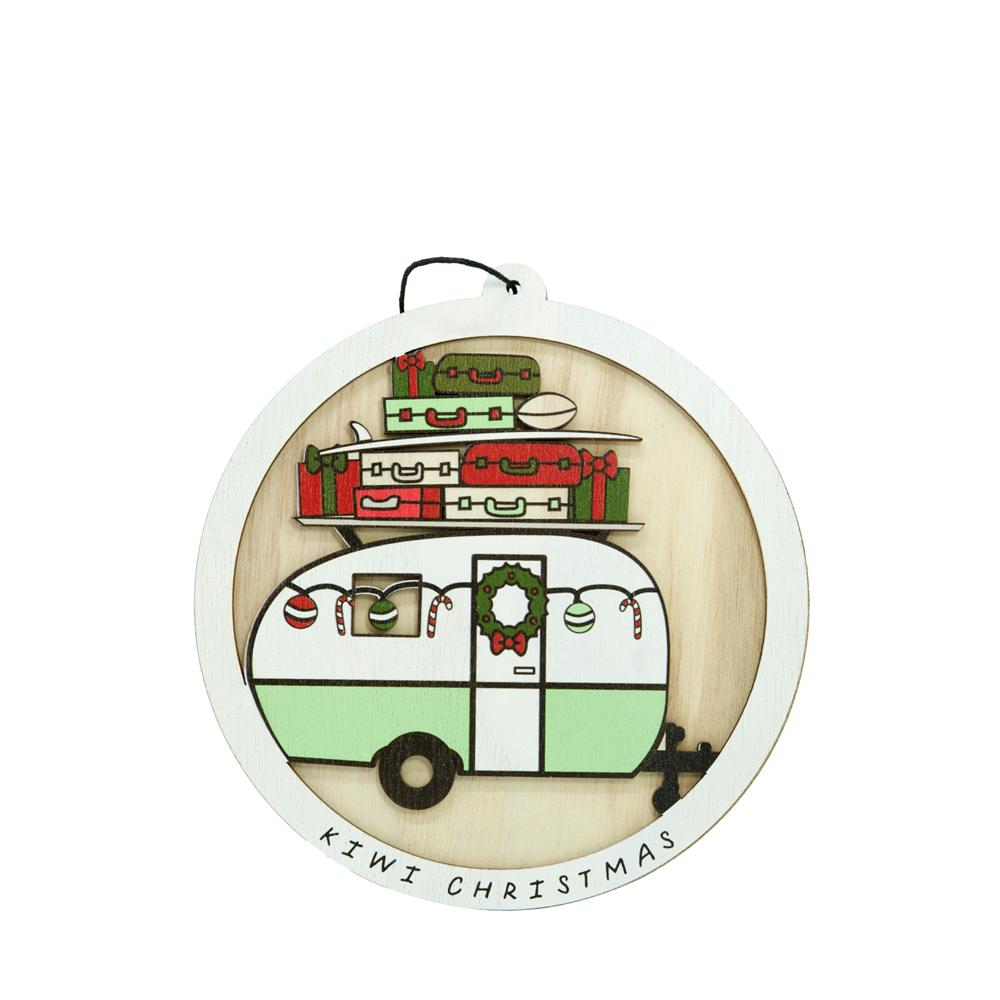 Kiwi Christmas wooden hanging ornament featuring a caravan piled with festive luggage