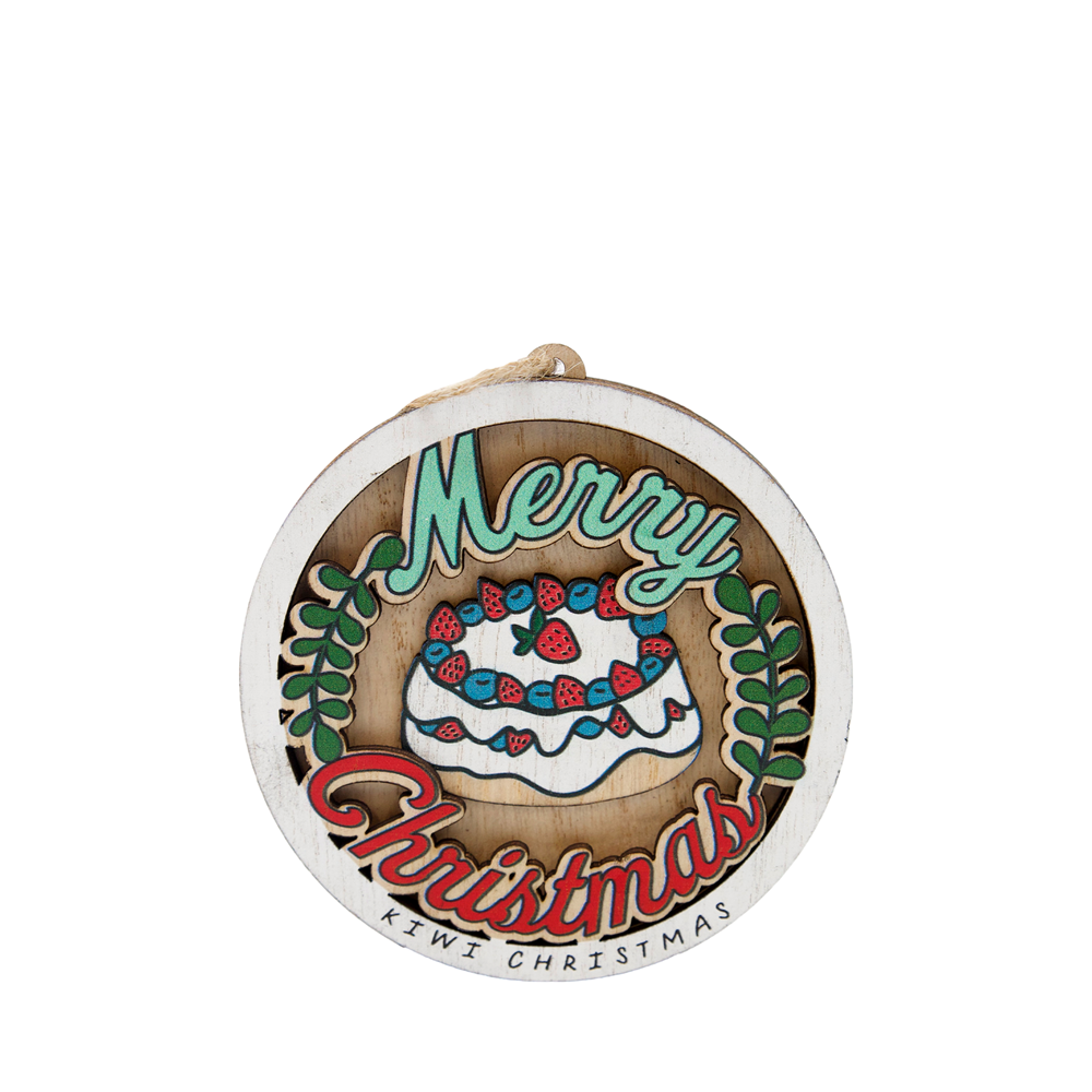 Kiwi Christmas wooden hanging ornament featuring a pavlova and Merry Christmas text