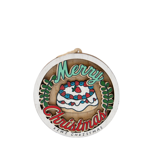 Kiwi Christmas wooden hanging ornament featuring a pavlova and Merry Christmas text