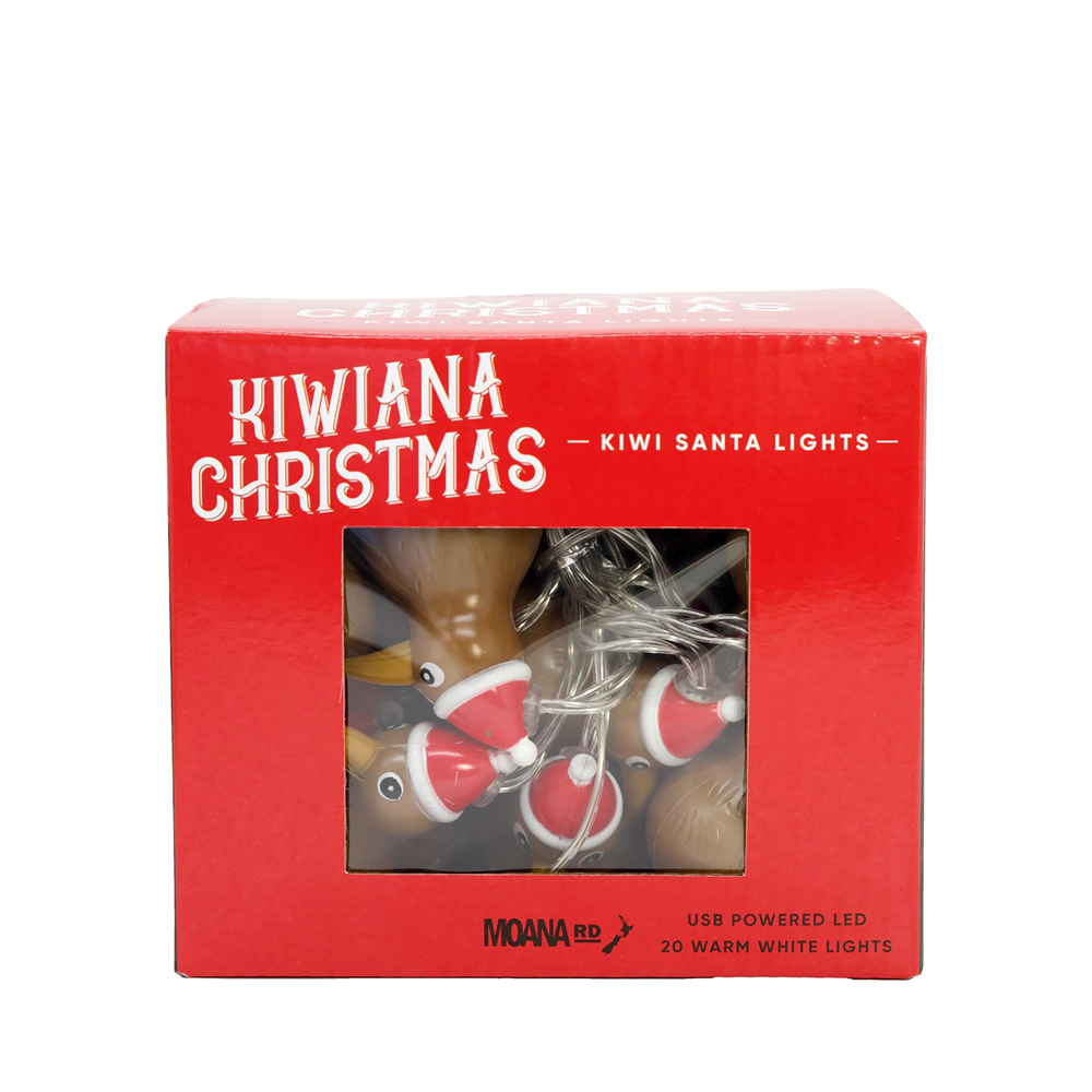 Boxed set of Kiwi Santa string lights featuring kiwi birds in Santa hats, USB powered LED