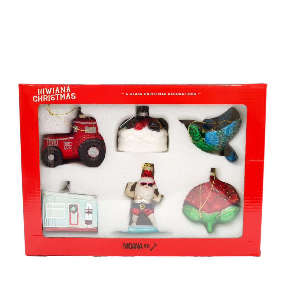 Boxed set of 6 Kiwiana glass Christmas decorations, including tractor, pavlova, and bird
