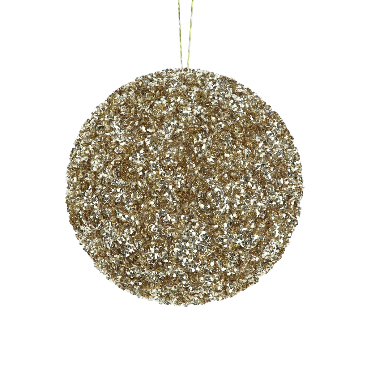 Champagne sequin bauble Christmas tree decoration with a densely textured glittering finish