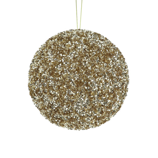 Champagne sequin bauble Christmas tree decoration with a densely textured glittering finish