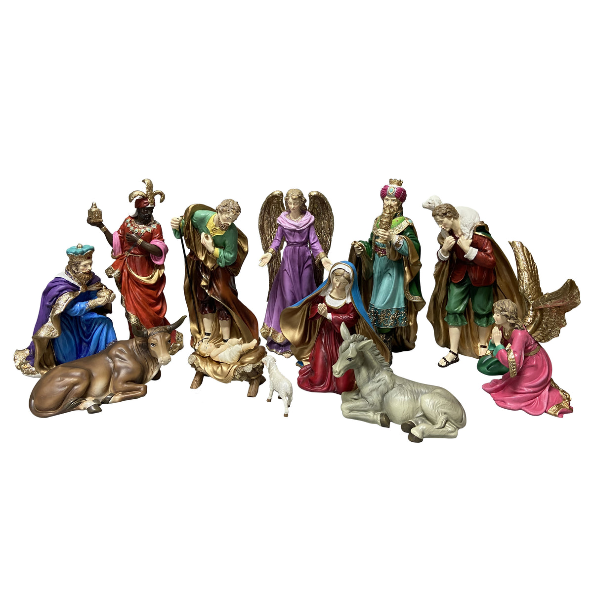 Large colourful nativity figure set including Mary, Joseph, infant Jesus, angels, wise men, shepherd and animals