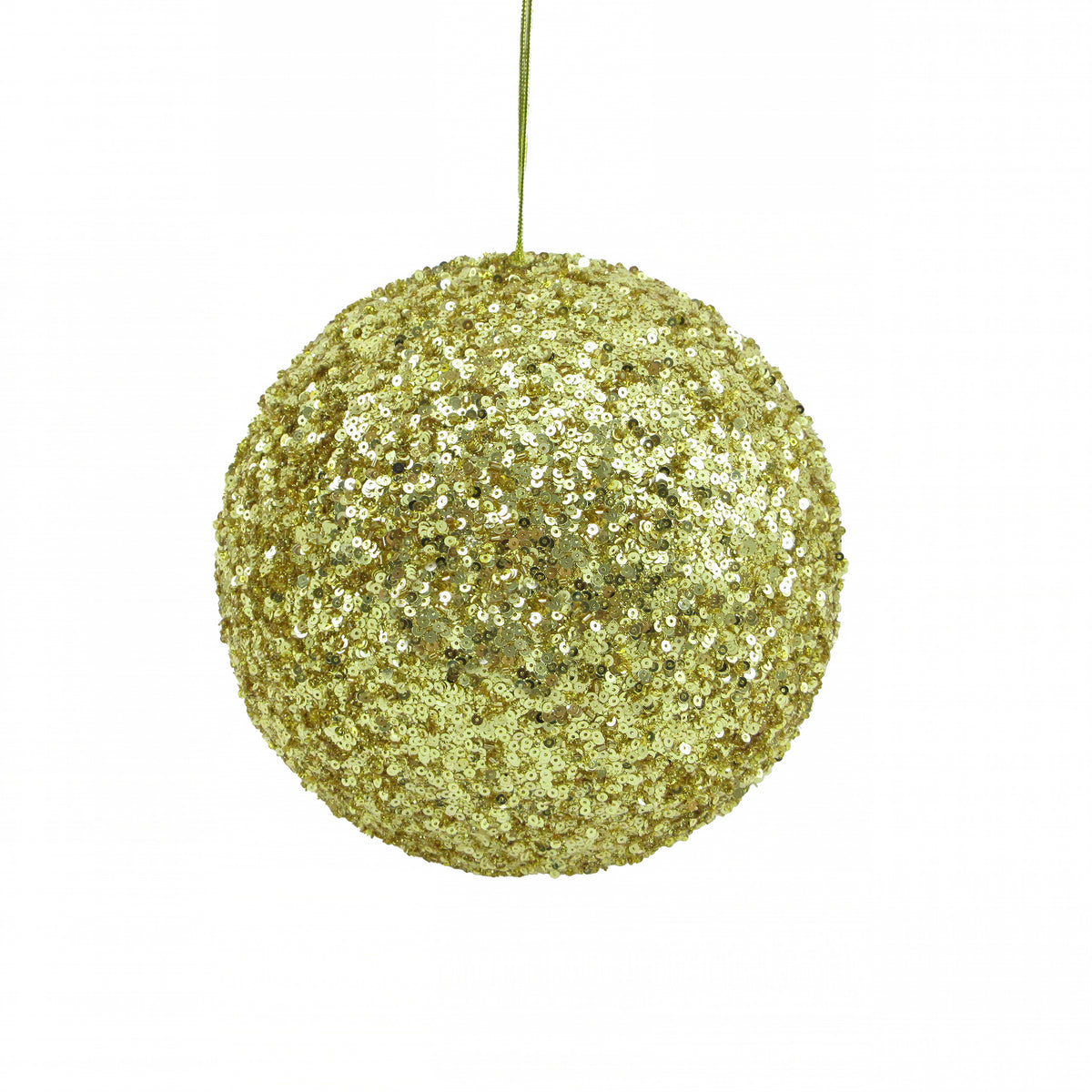 Gold sequin bauble Christmas tree decoration with a densely textured glittering finish