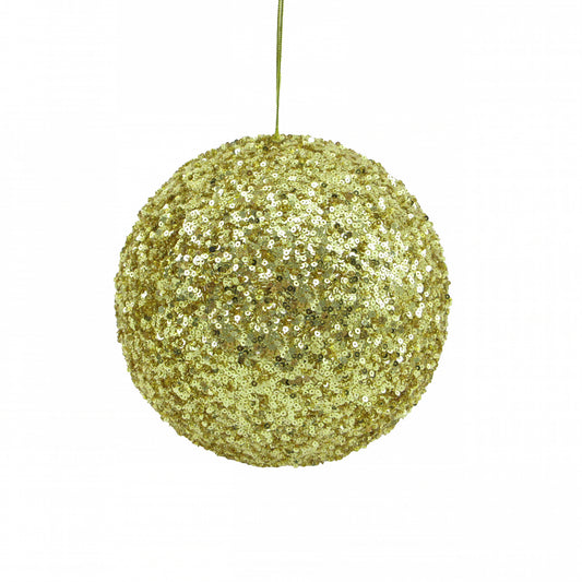 Gold sequin bauble Christmas tree decoration with a densely textured glittering finish