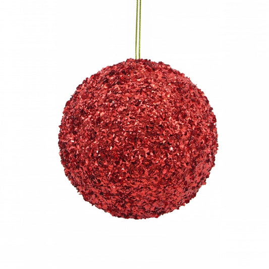 Red sequin bauble Christmas tree decoration with a densely textured glittering finish
