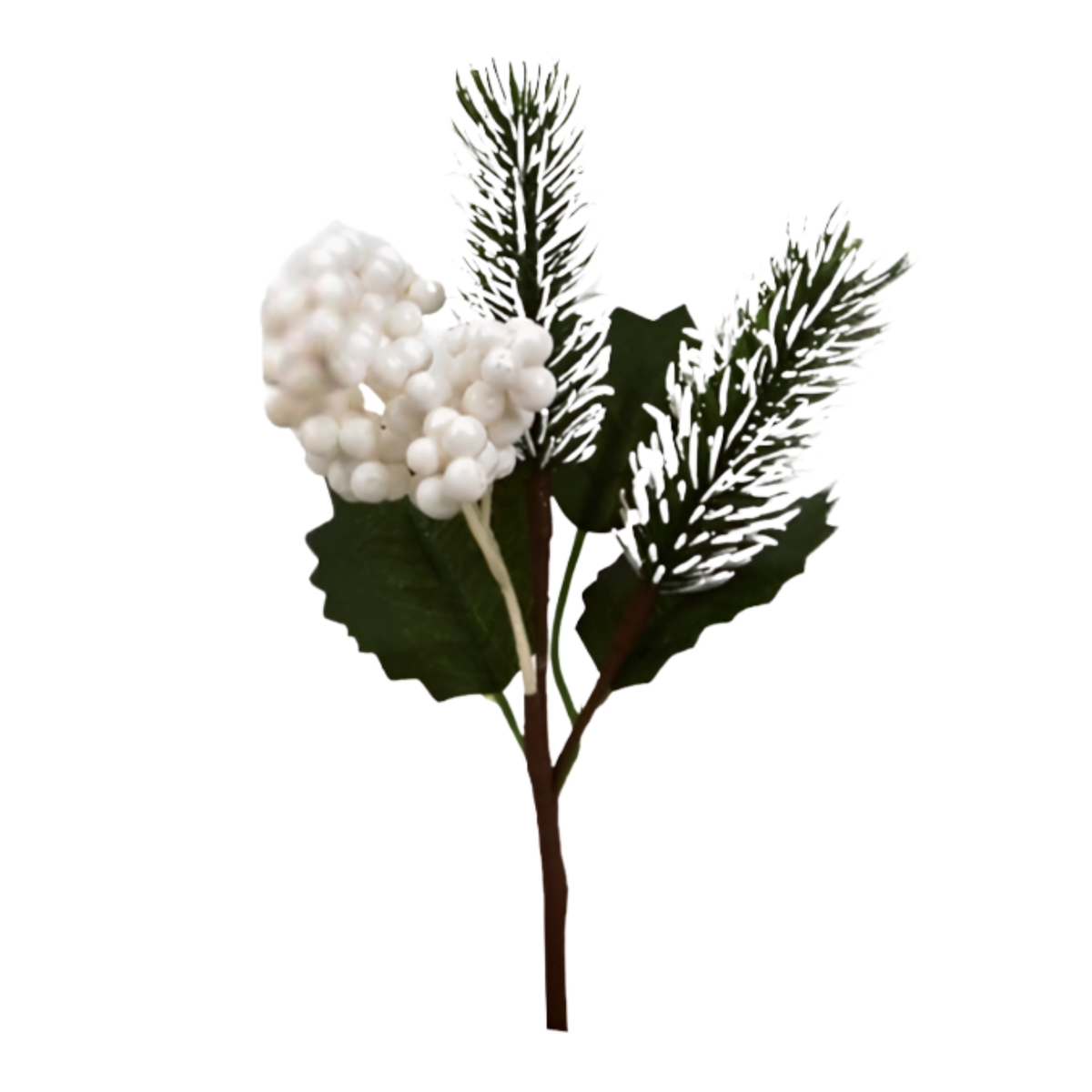 Large white berry Christmas pick with glossy berries, dark green holly leaves, and pine sprigs