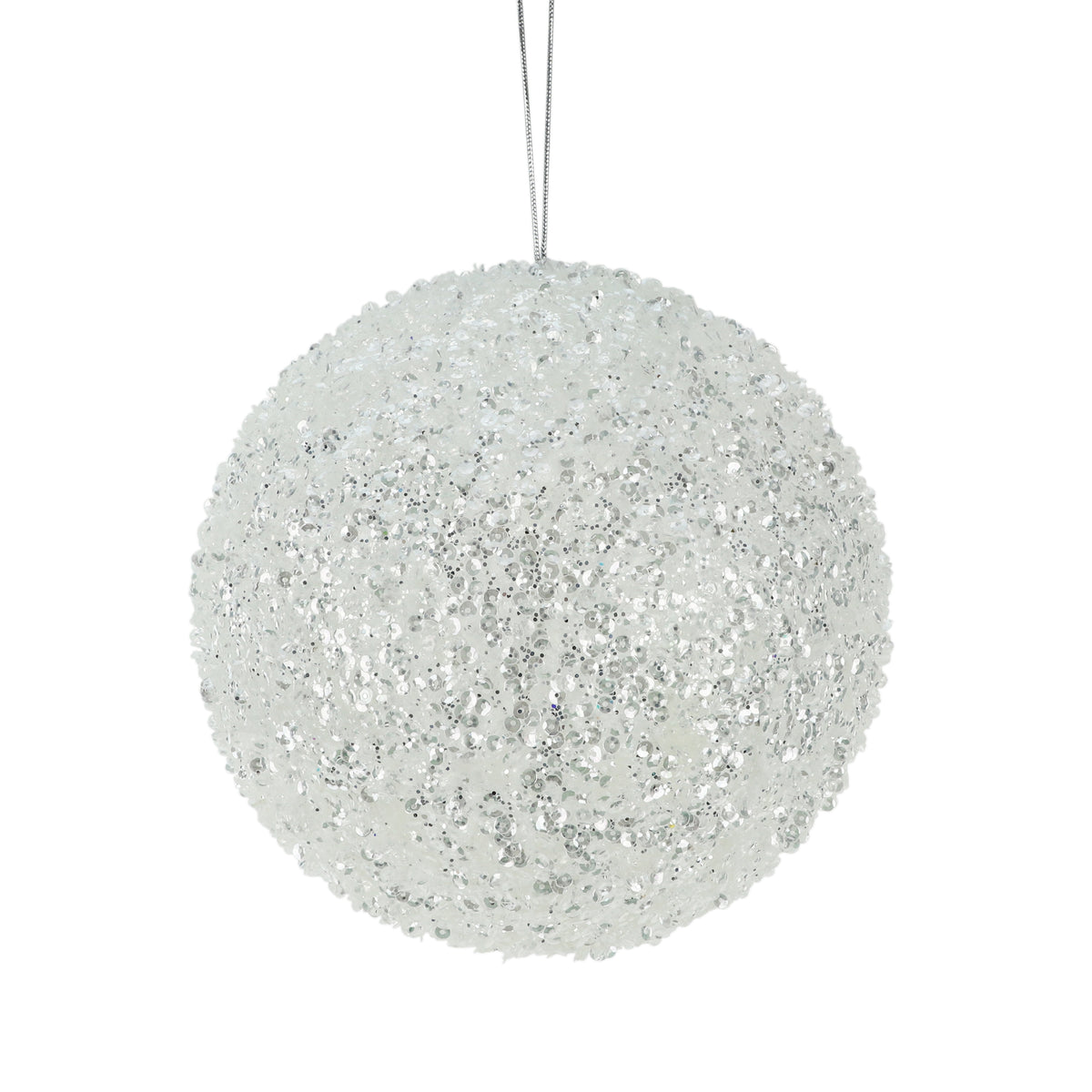 White sequin bauble Christmas tree decoration with a densely textured glittering finish