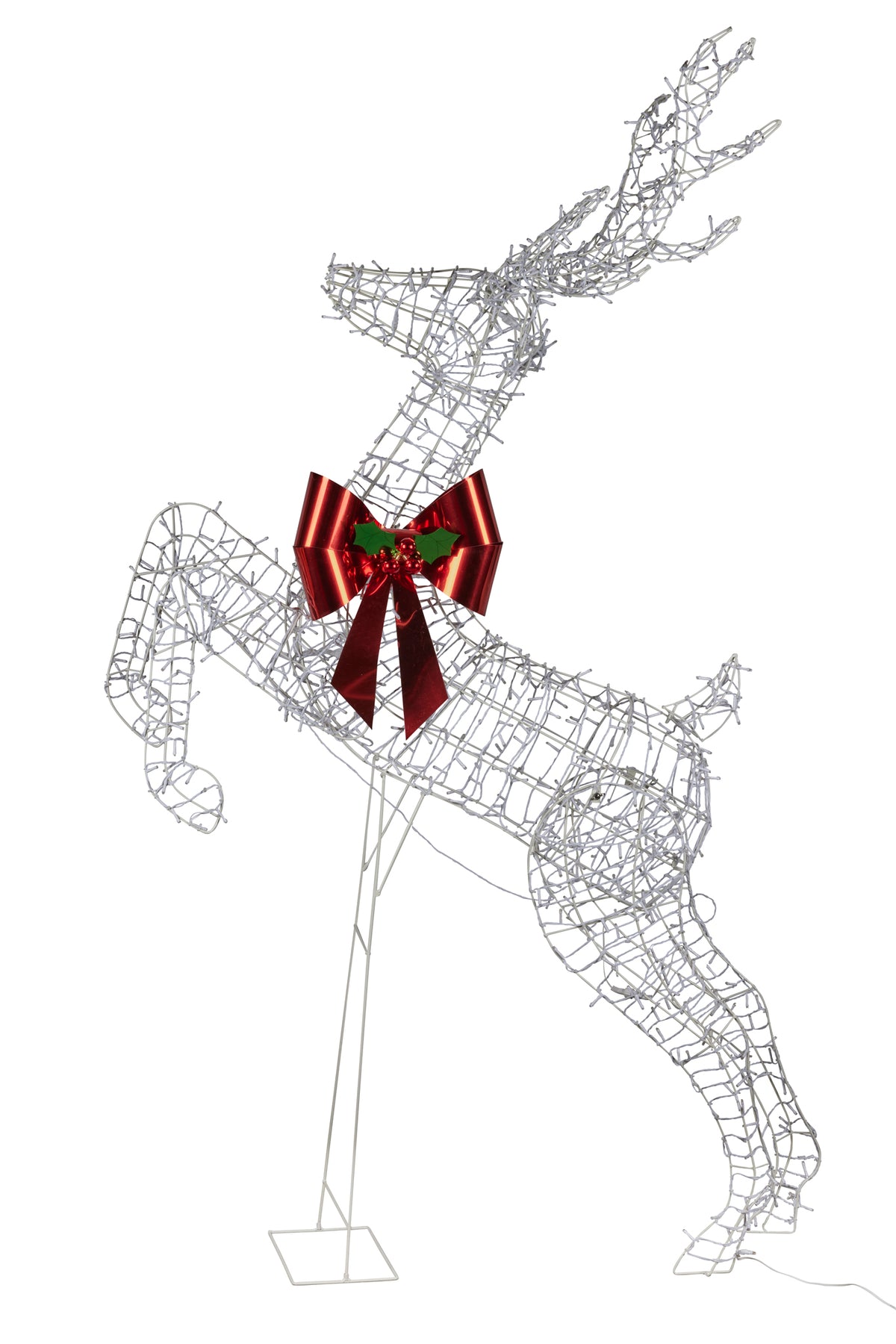 Silver wire leaping reindeer LED light figure with red bow, unlit