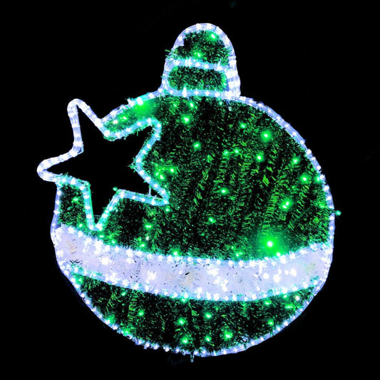 Illuminated green and white bauble-shaped Christmas light with star cut-out design
