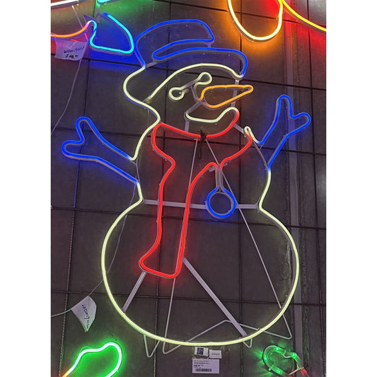 Neon-style LED snowman light with blue hat, red scarf, orange nose, and white outline
