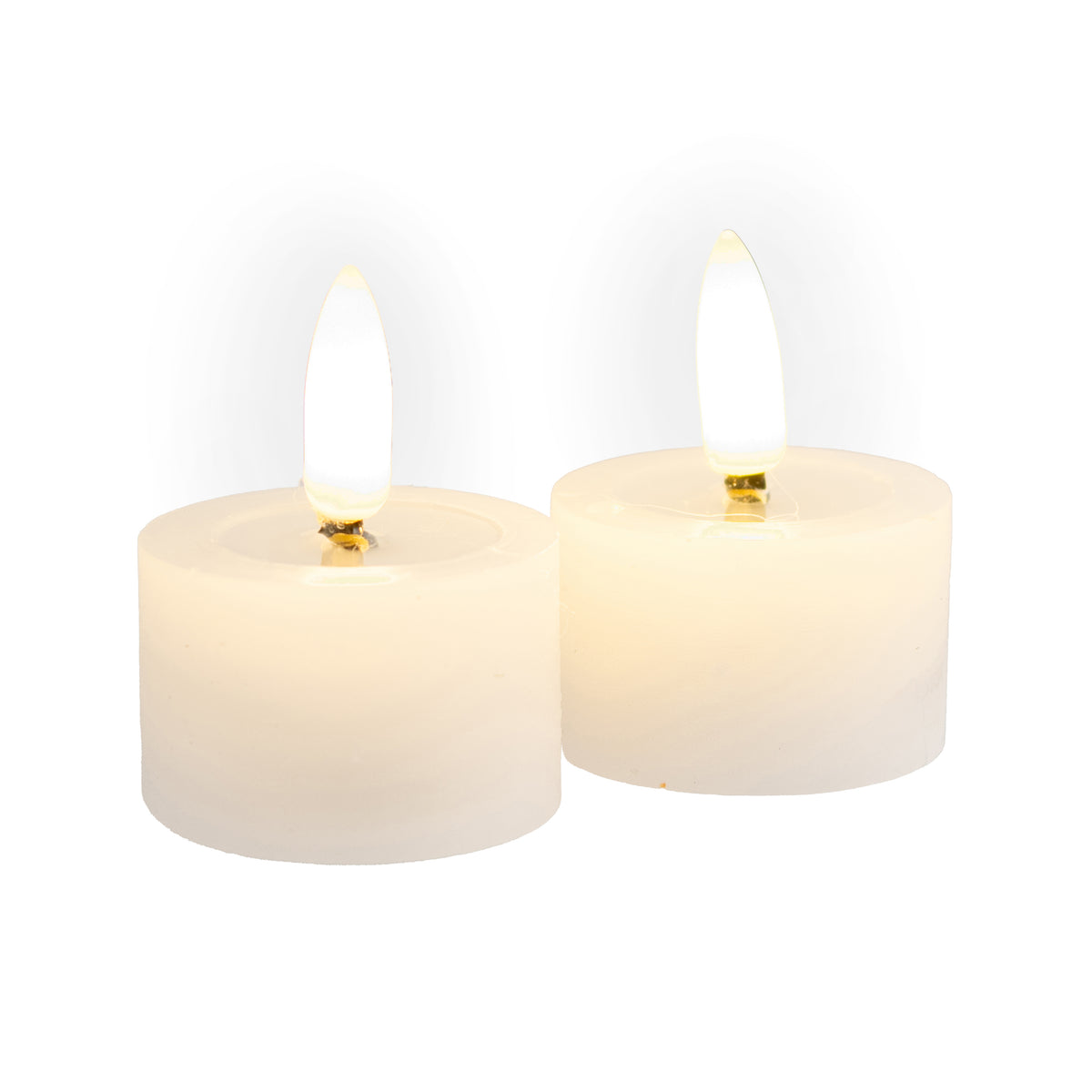 Set of two white LED tealight candles with realistic flickering flames glowing with warm light