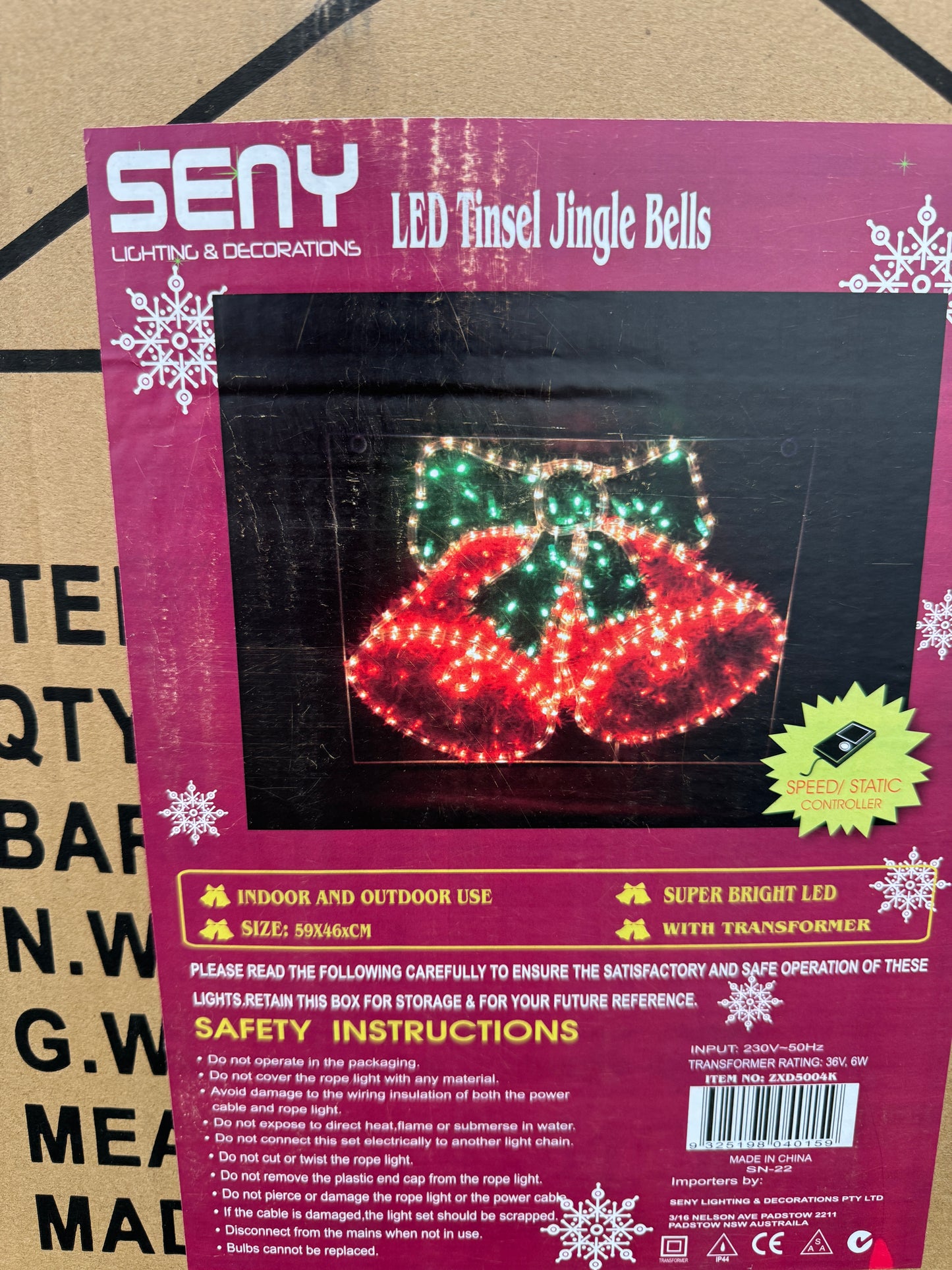 LED tinsel jingle bells with red and green lights and decorative bow